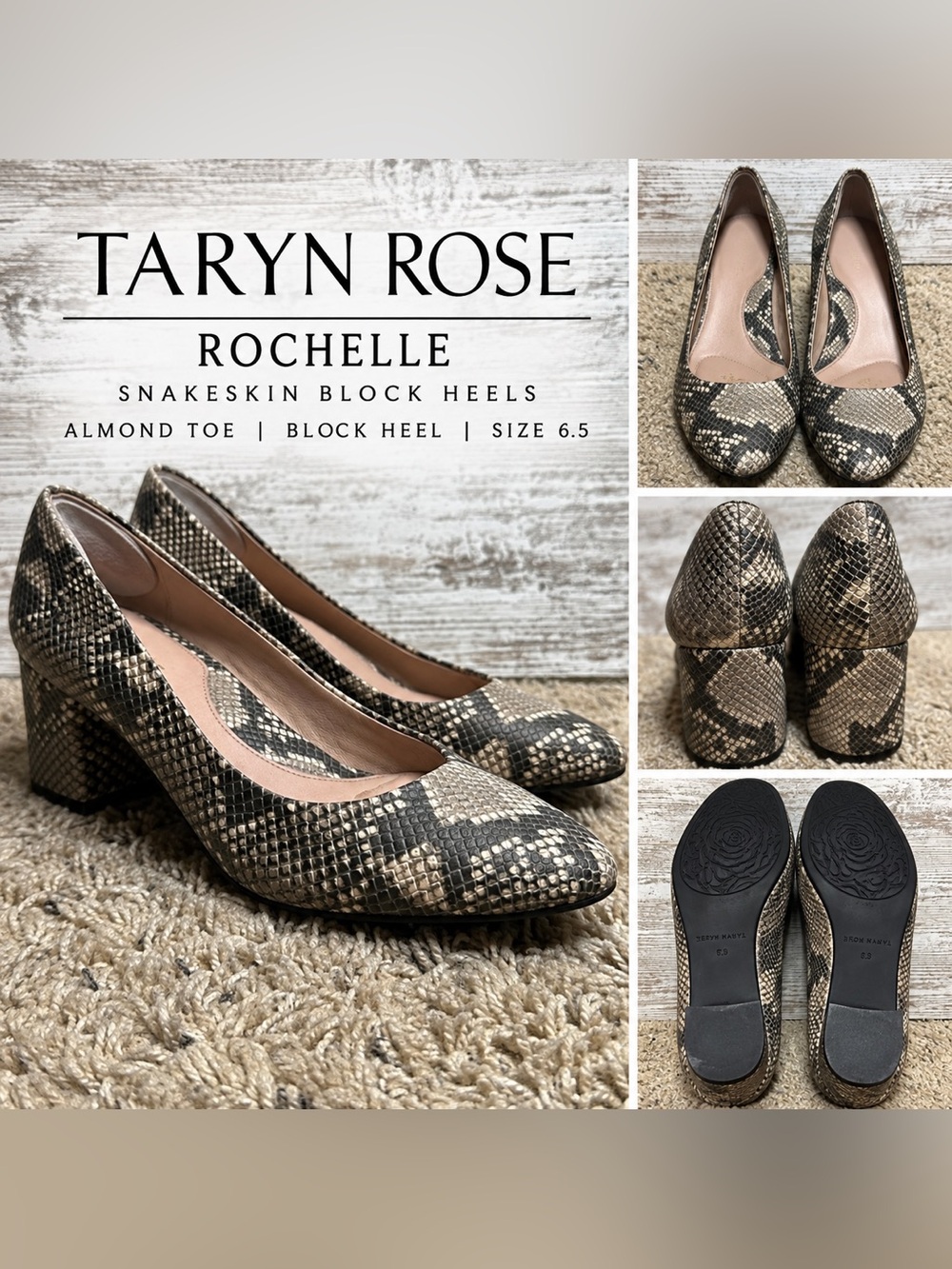 Taryn Rose Rochelle Snakeskin Pumps Women’s Size 6.5 Block Heel Almond Toe